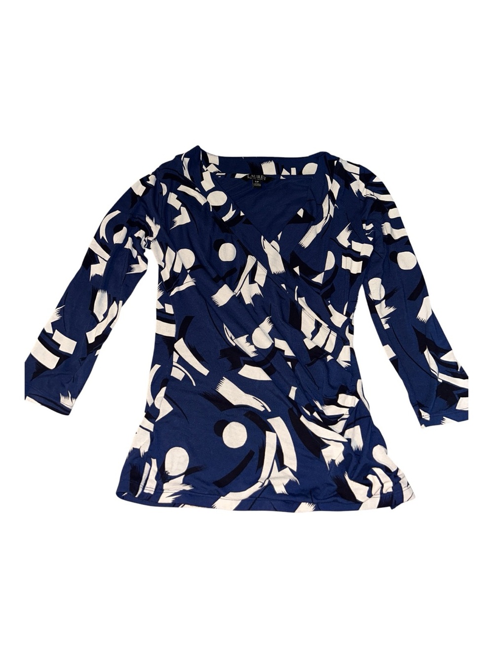 Lauren Ralph Lauren Geometric-Print Surplice Blouse Size Small Blue 3/4 Sleeves